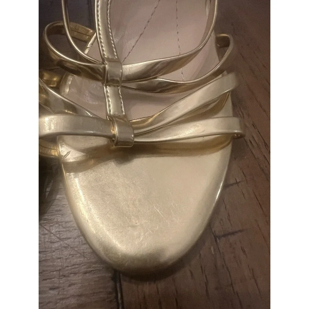 KATE SPADE Women's Sz 8.5 B Metallic Gold Leather Ankle Strap Pumps Heel Sandals